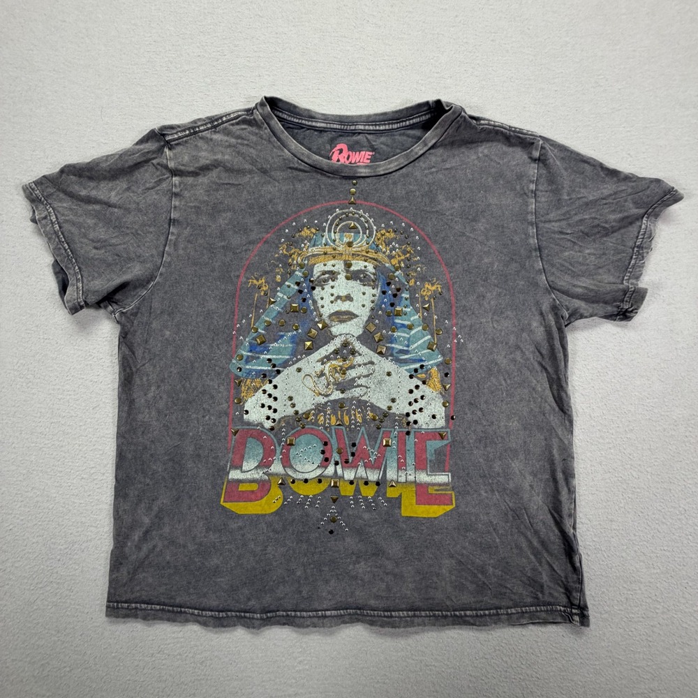 Lucky Brand Womens Graphic Tee Relaxed Gray David Bowie Studded Acid Wash L